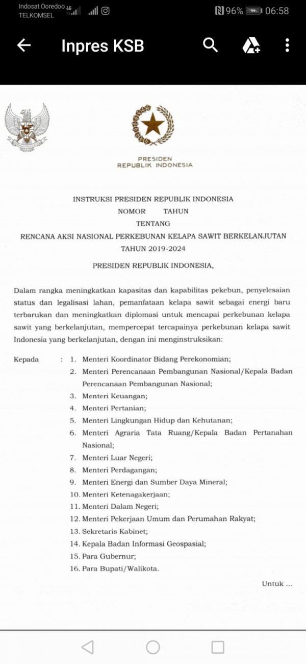 Presiden Jokowi Terbitkan Inpres Rencana Aksi Nasional Perkebunan Kelapa Sawit Berkelanjutan 2019-2024